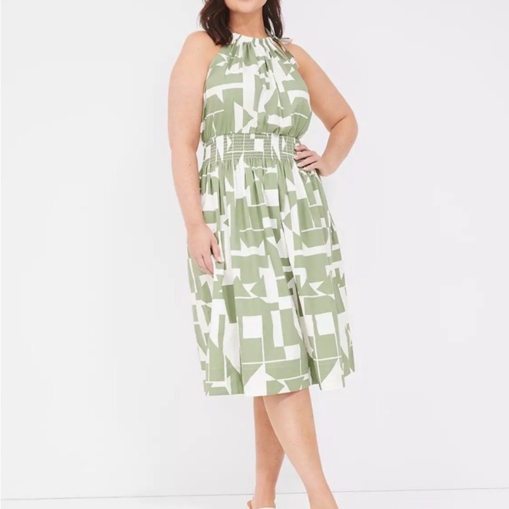Lane Bryant Olive Green and White Geometric Halter Midi Dress